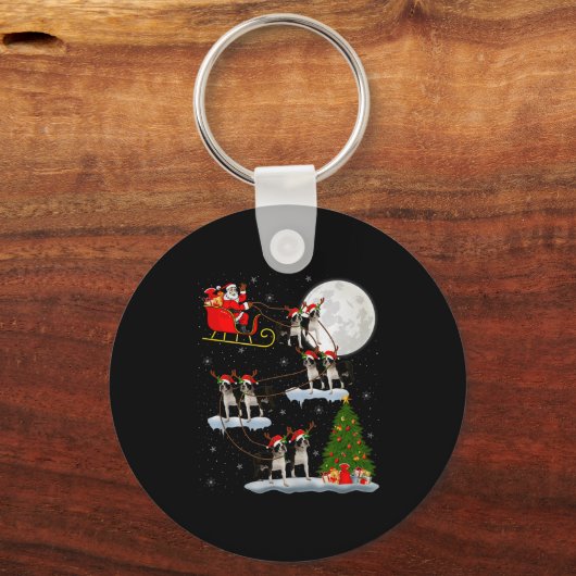 Boston Terrier Dog Santa Sleigh Flying Funny Chris Sleutelhanger (Voorkant)