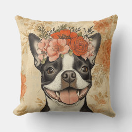 Boston Terrier Dog Sinaasappel Bloemen Kussen