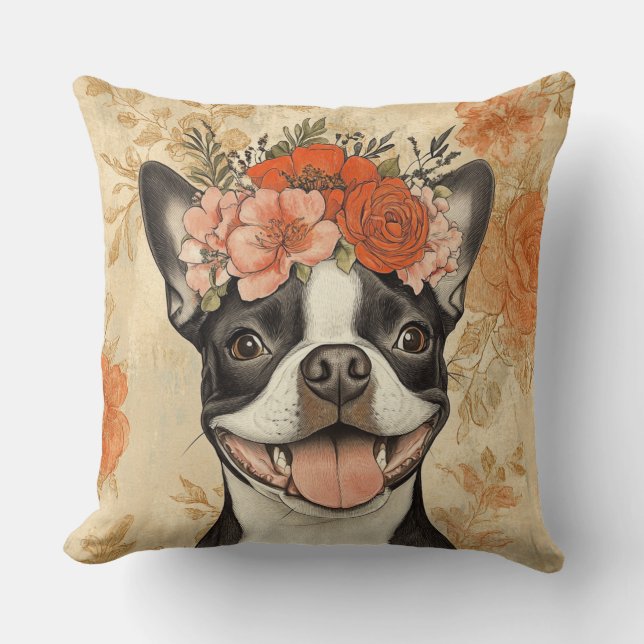 Boston Terrier Dog Sinaasappel Bloemen Kussen (Voorkant)