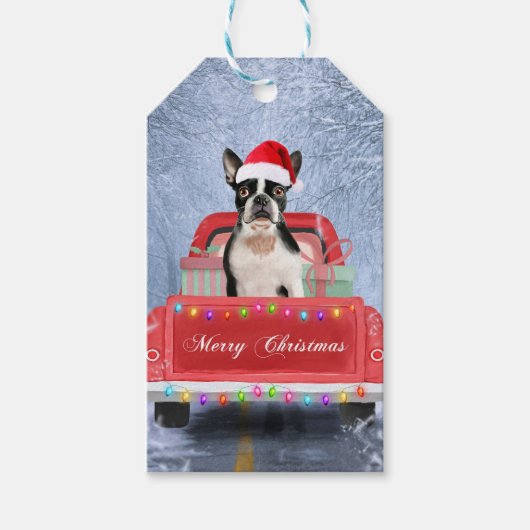 Boston Terrier Dog Snow, zittend in de kersttruck Cadeaulabel (Voorkant)