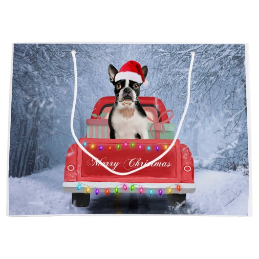 Boston Terrier Dog Snow, zittend in de kersttruck Groot Cadeauzakje (Voorkant)