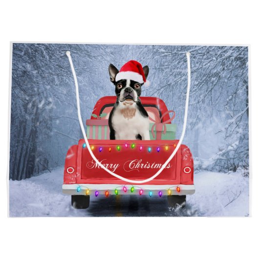 Boston Terrier Dog Snow, zittend in de kersttruck Groot Cadeauzakje (Achterkant)