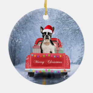 Boston Terrier Dog Snow, zittend in de kersttruck Keramisch Ornament