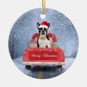 Boston Terrier Dog Snow, zittend in de kersttruck Keramisch Ornament