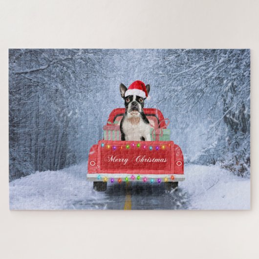 Boston Terrier Dog Snow, zittend in de kersttruck Legpuzzel (Horizontaal)