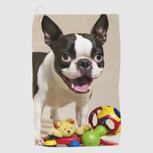 Boston Terrier Dog Spelen met Speelgoed Golfhanddoek (Voorkant)