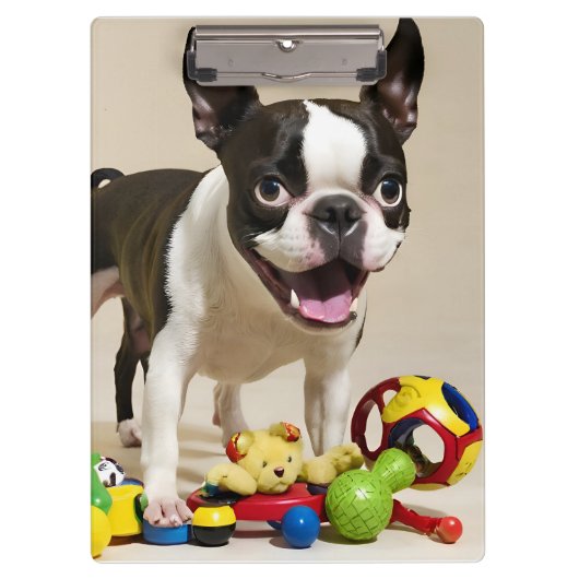 Boston Terrier Dog Spelen met Speelgoed Klembord (Voorkant)