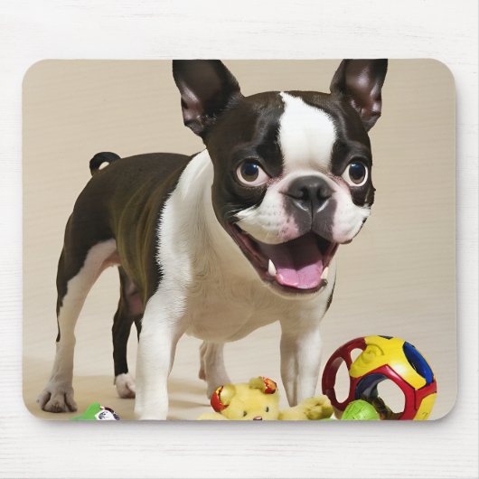 Boston Terrier Dog Spelen met Speelgoed Muismat (Voorkant)