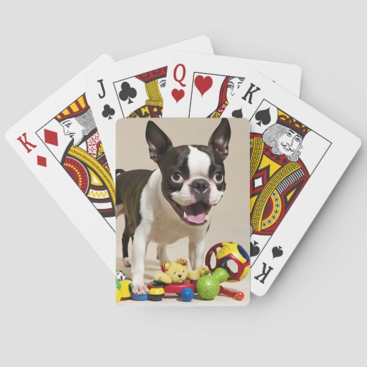 Boston Terrier Dog Spelen met Speelgoed Pokerkaarten (Achterkant)