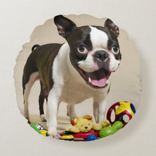 Boston Terrier Dog Spelen met Speelgoed Rond Kussen