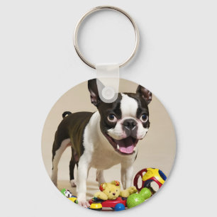 Boston Terrier Dog Spelen met Speelgoed Sleutelhanger