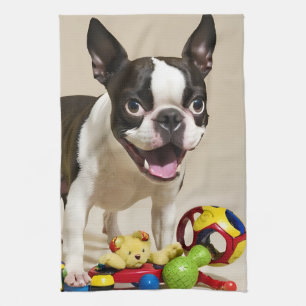 Boston Terrier Dog Spelen met Speelgoed Theedoek