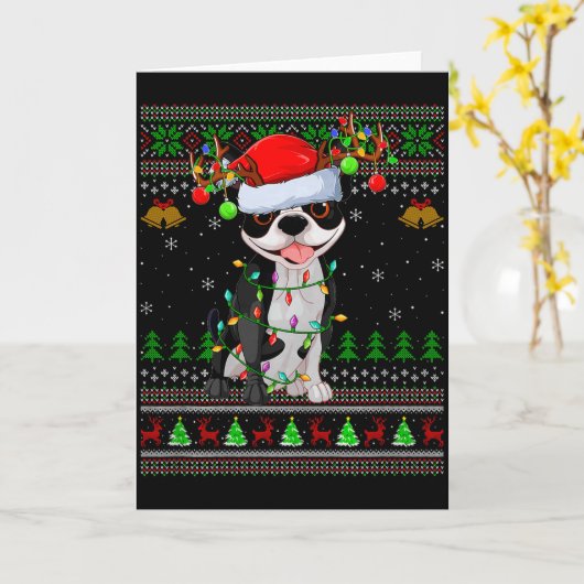 Boston Terrier Dog Ugly Christmas Sweater Holiday  Kaart (Gele Bloem)