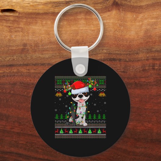 Boston Terrier Dog Ugly Christmas Sweater Holiday  Sleutelhanger (Voorkant)