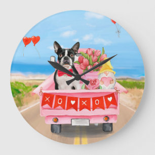 Boston Terrier Dog Valentijnsdag Truck Hearts Grote Klok