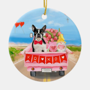 Boston Terrier Dog Valentijnsdag Truck Hearts Keramisch Ornament