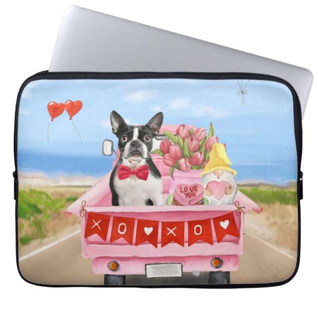 Boston Terrier Dog Valentijnsdag Truck Hearts Laptop Sleeve (Voorkant)