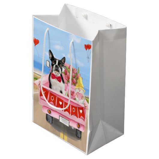 Boston Terrier Dog Valentijnsdag Truck Hearts Medium Cadeauzakje (Voorkant Gekanteld)