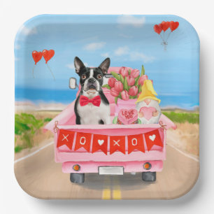 Boston Terrier Dog Valentijnsdag Truck Hearts Papieren Bordje