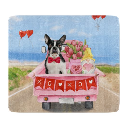 Boston Terrier Dog Valentijnsdag Truck Hearts Snijplank (Voorkant)