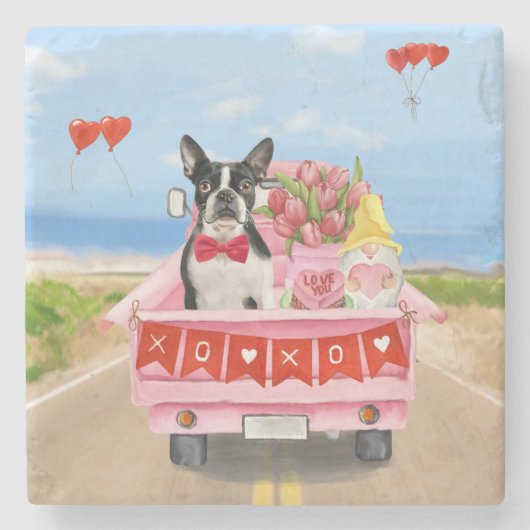 Boston Terrier Dog Valentijnsdag Truck Hearts Stenen Onderzetter (Voorkant)