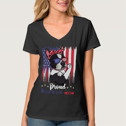Boston Terrier Dog With Sunglasses American Flag T-shirt (Voorkant)