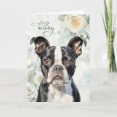 Boston Terrier Dog with White Roses Birthday Kaart (Voorkant)