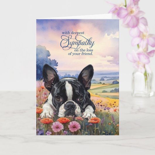 Boston Terrier Dog with Wildflowers Pet Sympathy Kaart (Orchidee)