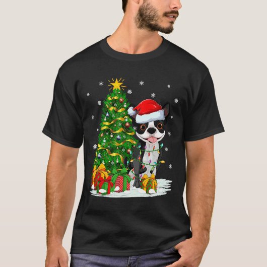 Boston Terrier Dog Xmas Tree Santa T-shirt (Voorkant)