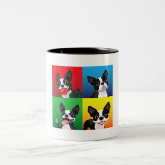 Boston Terrier Dog ziet Happy Moeder Vader mama te Tweekleurige Koffiemok