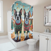 Boston Terrier Dogs Christmas Snow Holiday Douchegordijn (In situ)