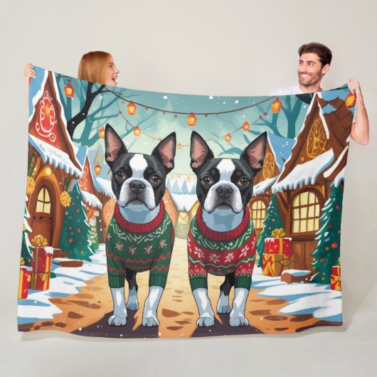 Boston Terrier Dogs Christmas Snow Holiday Fleece Deken (In situ)