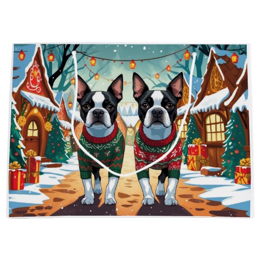 Boston Terrier Dogs Christmas Snow Holiday Groot Cadeauzakje (Voorkant)