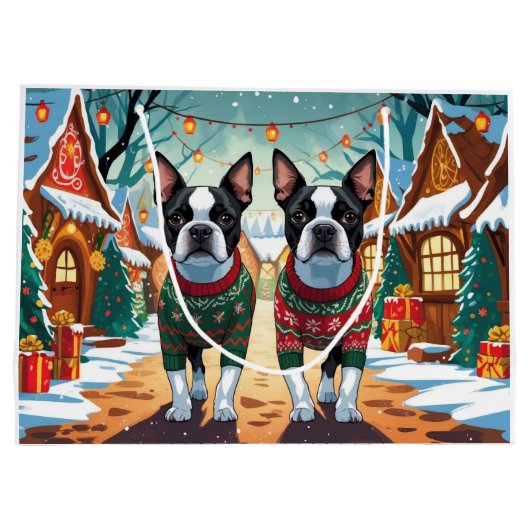 Boston Terrier Dogs Christmas Snow Holiday Groot Cadeauzakje (Achterkant)