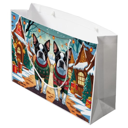 Boston Terrier Dogs Christmas Snow Holiday Groot Cadeauzakje (Achterkant Gekanteld)