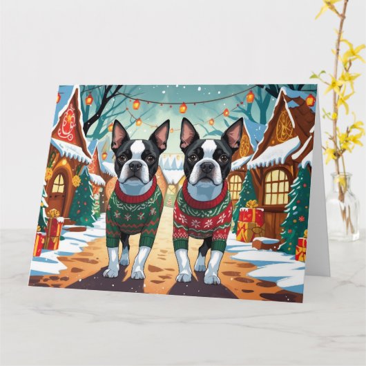 Boston Terrier Dogs Christmas Snow Holiday Kaart (Gele Bloem)