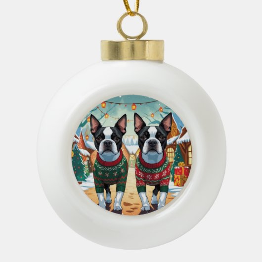 Boston Terrier Dogs Christmas Snow Holiday Keramische Bal Ornament (Voorkant)
