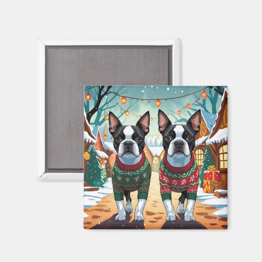 Boston Terrier Dogs Christmas Snow Holiday Magneet (Voorkant / Achterkant)