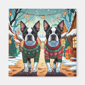 Boston Terrier Dogs Christmas Snow Holiday Magneet (Voorkant)