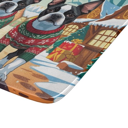 Boston Terrier Dogs Christmas Snow Holiday Snijplank (Hoek)