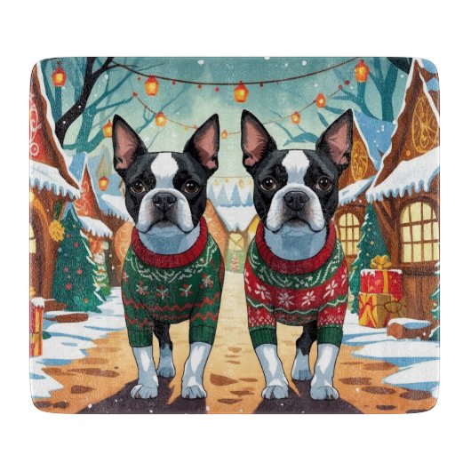 Boston Terrier Dogs Christmas Snow Holiday Snijplank (Voorkant)