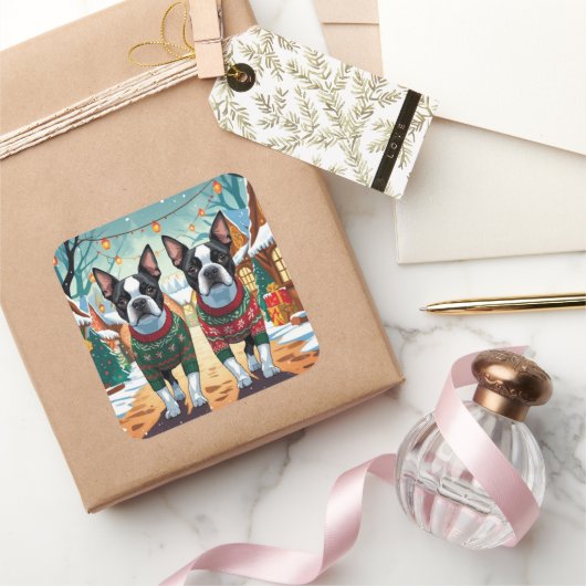 Boston Terrier Dogs Christmas Snow Holiday Vierkante Sticker (Geschenken)