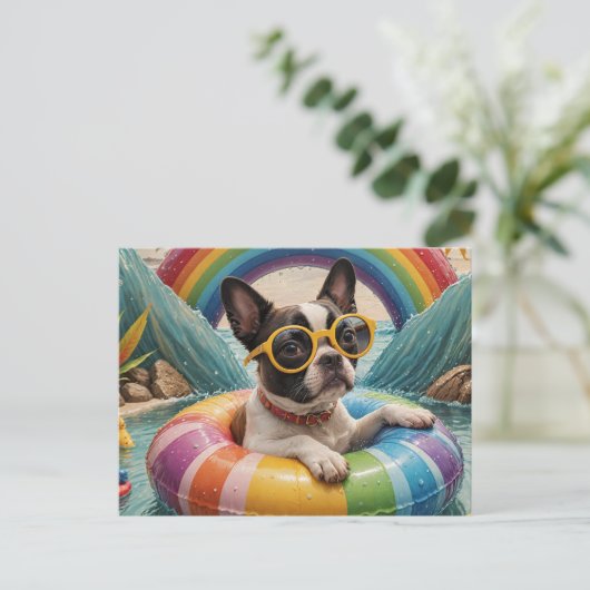 Boston Terrier Drijvend op een Zomerdag Briefkaart (Staand voorkant)