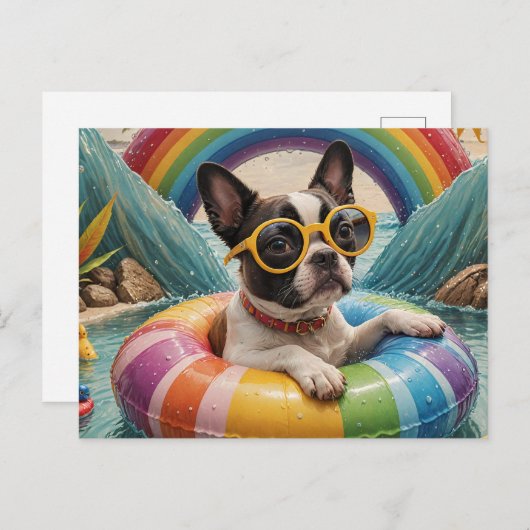 Boston Terrier Drijvend op een Zomerdag Briefkaart (Voorkant / Achterkant)