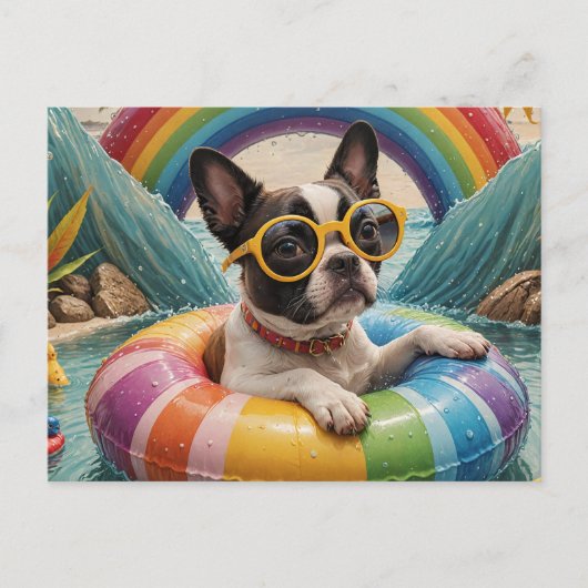 Boston Terrier Drijvend op een Zomerdag Briefkaart (Voorkant)