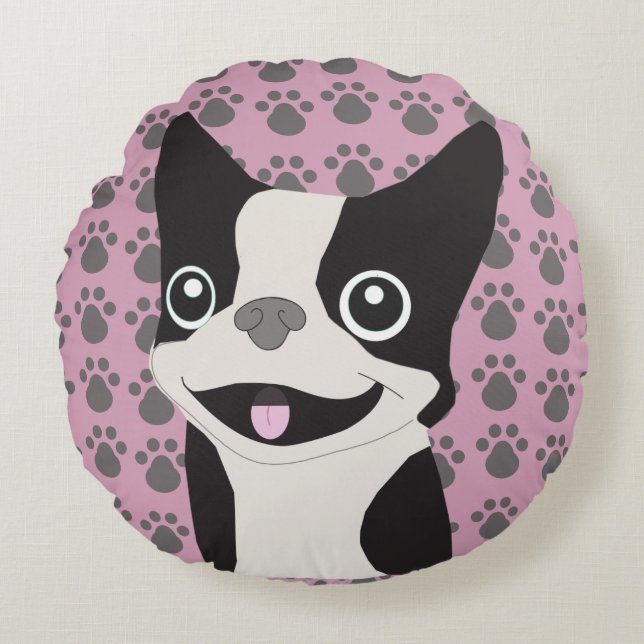 Boston Terrier, Dusty Pink Rond Kussen (Voorkant)