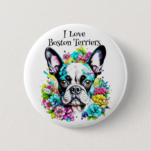 Boston Terrier en Bloemen Ronde Button 5,7 Cm (Voorkant)