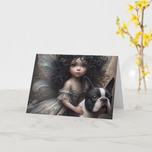 Boston Terrier en Fairy Kaart (Gele Bloem)