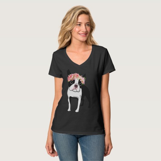 Boston Terrier en Flowers gemonteerd T-shirt (Voorkant volledig)