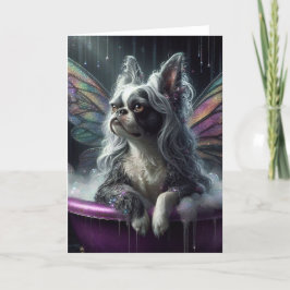 Boston Terrier Fairy Grey Pruik in een Paarse badk Kaart